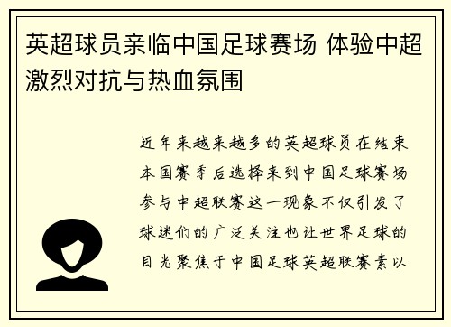 英超球员亲临中国足球赛场 体验中超激烈对抗与热血氛围