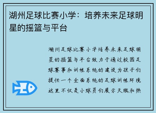 湖州足球比赛小学：培养未来足球明星的摇篮与平台