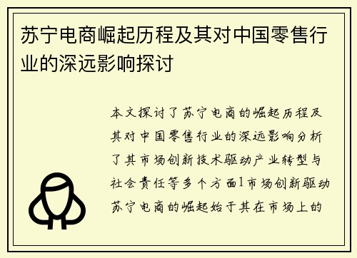 苏宁电商崛起历程及其对中国零售行业的深远影响探讨