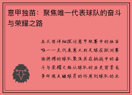意甲独苗：聚焦唯一代表球队的奋斗与荣耀之路
