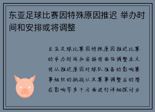 东亚足球比赛因特殊原因推迟 举办时间和安排或将调整