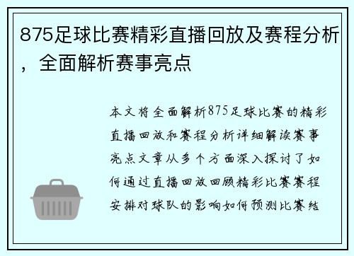 875足球比赛精彩直播回放及赛程分析，全面解析赛事亮点