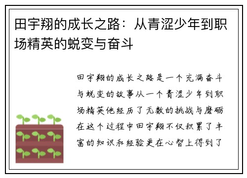 田宇翔的成长之路：从青涩少年到职场精英的蜕变与奋斗