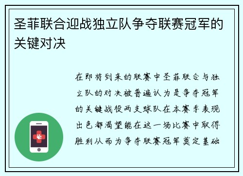 圣菲联合迎战独立队争夺联赛冠军的关键对决