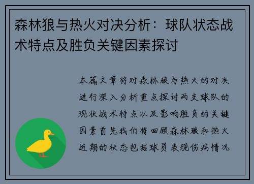 森林狼与热火对决分析：球队状态战术特点及胜负关键因素探讨