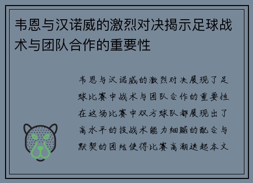 韦恩与汉诺威的激烈对决揭示足球战术与团队合作的重要性