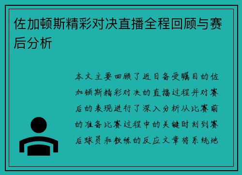 佐加顿斯精彩对决直播全程回顾与赛后分析