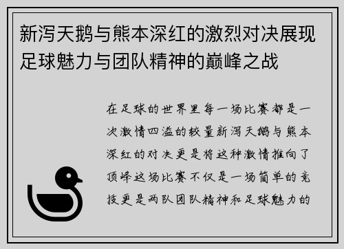 新泻天鹅与熊本深红的激烈对决展现足球魅力与团队精神的巅峰之战
