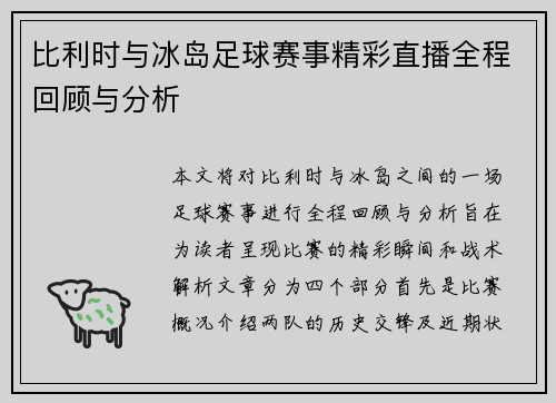 比利时与冰岛足球赛事精彩直播全程回顾与分析
