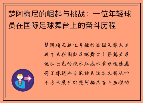 楚阿梅尼的崛起与挑战：一位年轻球员在国际足球舞台上的奋斗历程