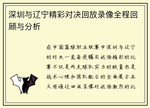 深圳与辽宁精彩对决回放录像全程回顾与分析