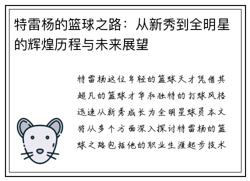 特雷杨的篮球之路：从新秀到全明星的辉煌历程与未来展望
