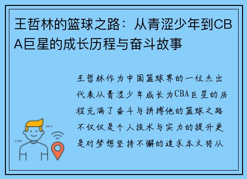 王哲林的篮球之路：从青涩少年到CBA巨星的成长历程与奋斗故事