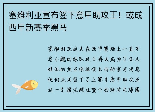 塞维利亚宣布签下意甲助攻王！或成西甲新赛季黑马