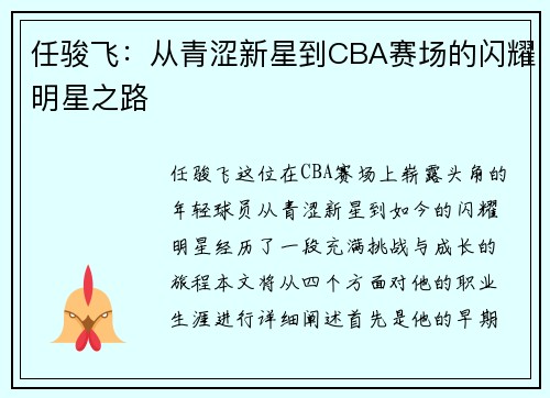 任骏飞：从青涩新星到CBA赛场的闪耀明星之路