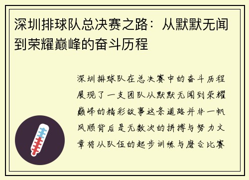 深圳排球队总决赛之路：从默默无闻到荣耀巅峰的奋斗历程