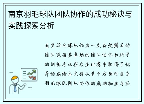 南京羽毛球队团队协作的成功秘诀与实践探索分析