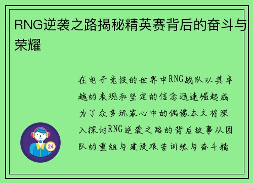 RNG逆袭之路揭秘精英赛背后的奋斗与荣耀